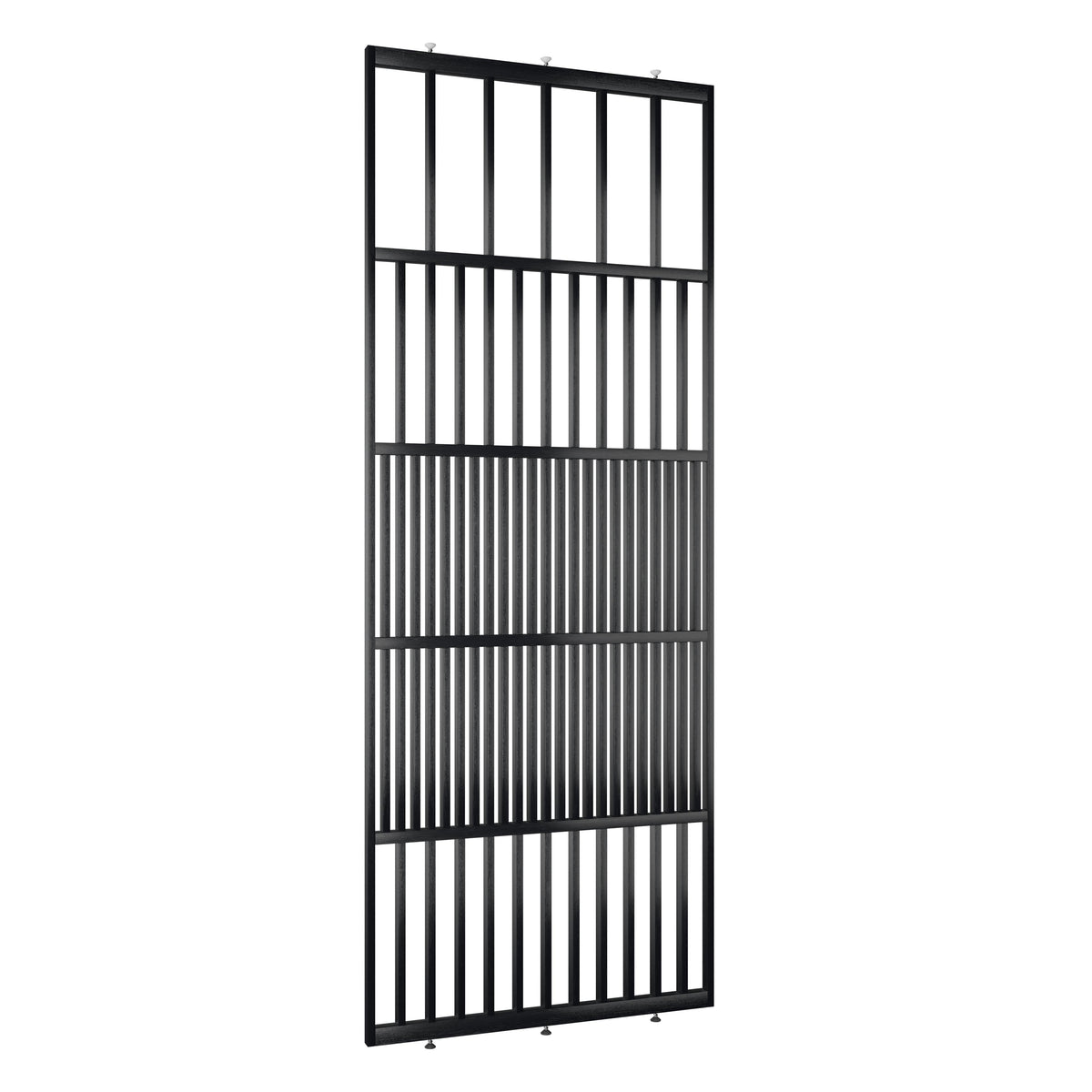 Houten roomdivider in RAL9005 massief eiken, ontworpen voor een strakke, hotel chique uitstraling. Een elegante toevoeging aan elk interieur.
