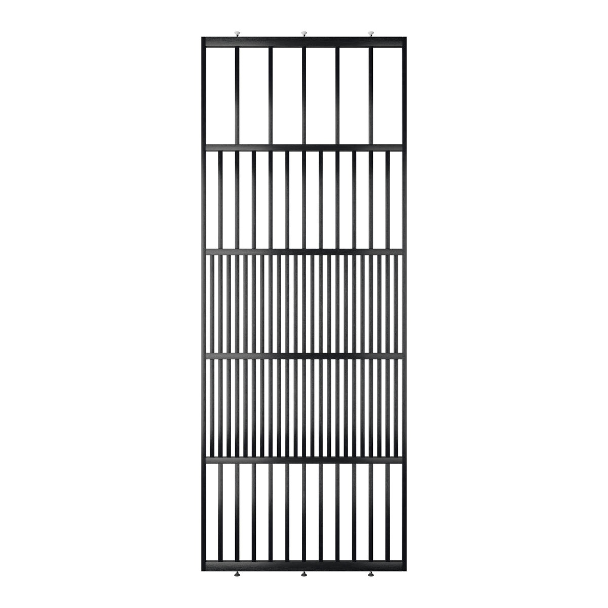 Houten roomdivider in RAL9005 massief eiken, ontworpen voor een strakke, hotel chique uitstraling. Een elegante toevoeging aan elk interieur.