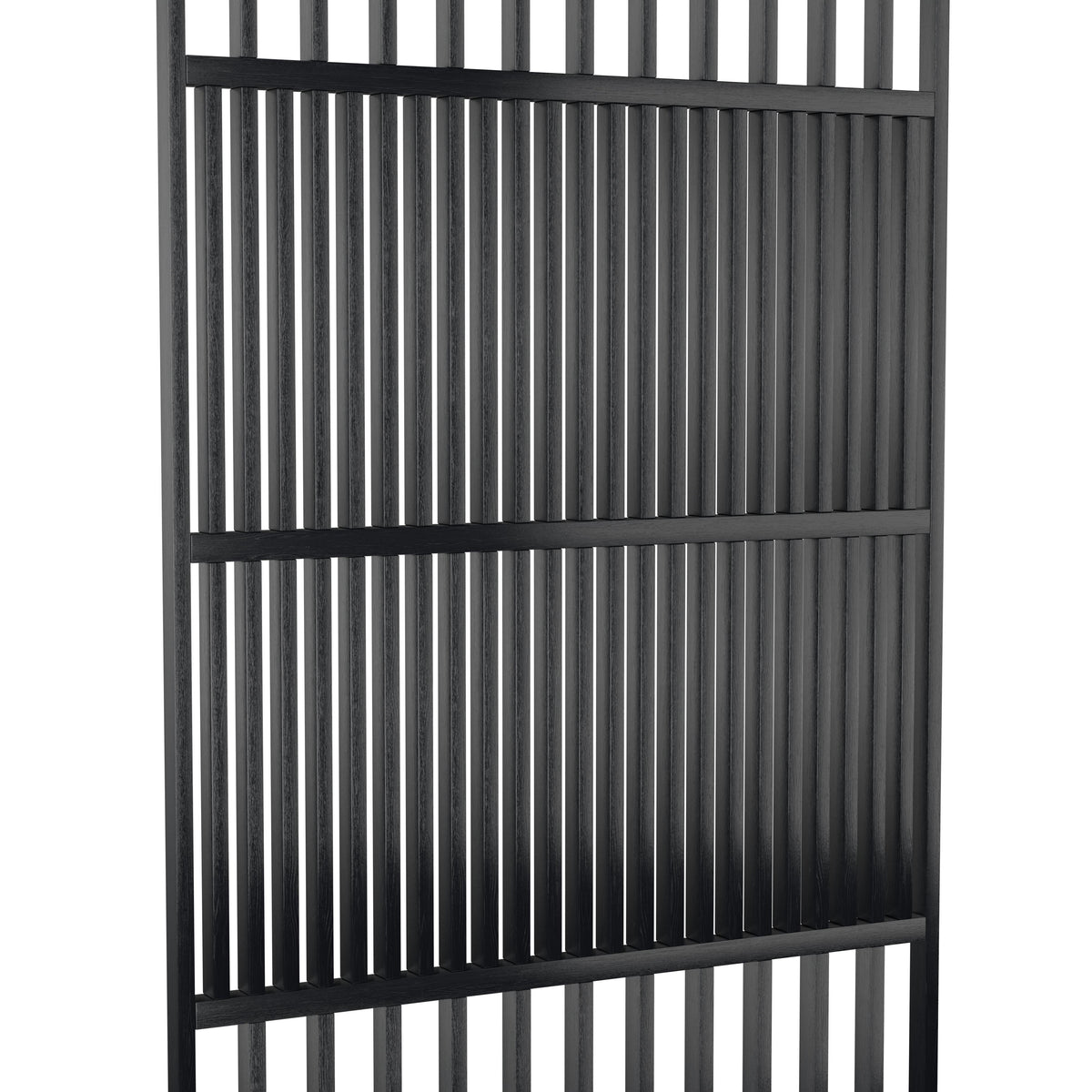 Houten roomdivider in RAL9005 massief eiken, ontworpen voor een strakke, hotel chique uitstraling. Een elegante toevoeging aan elk interieur.